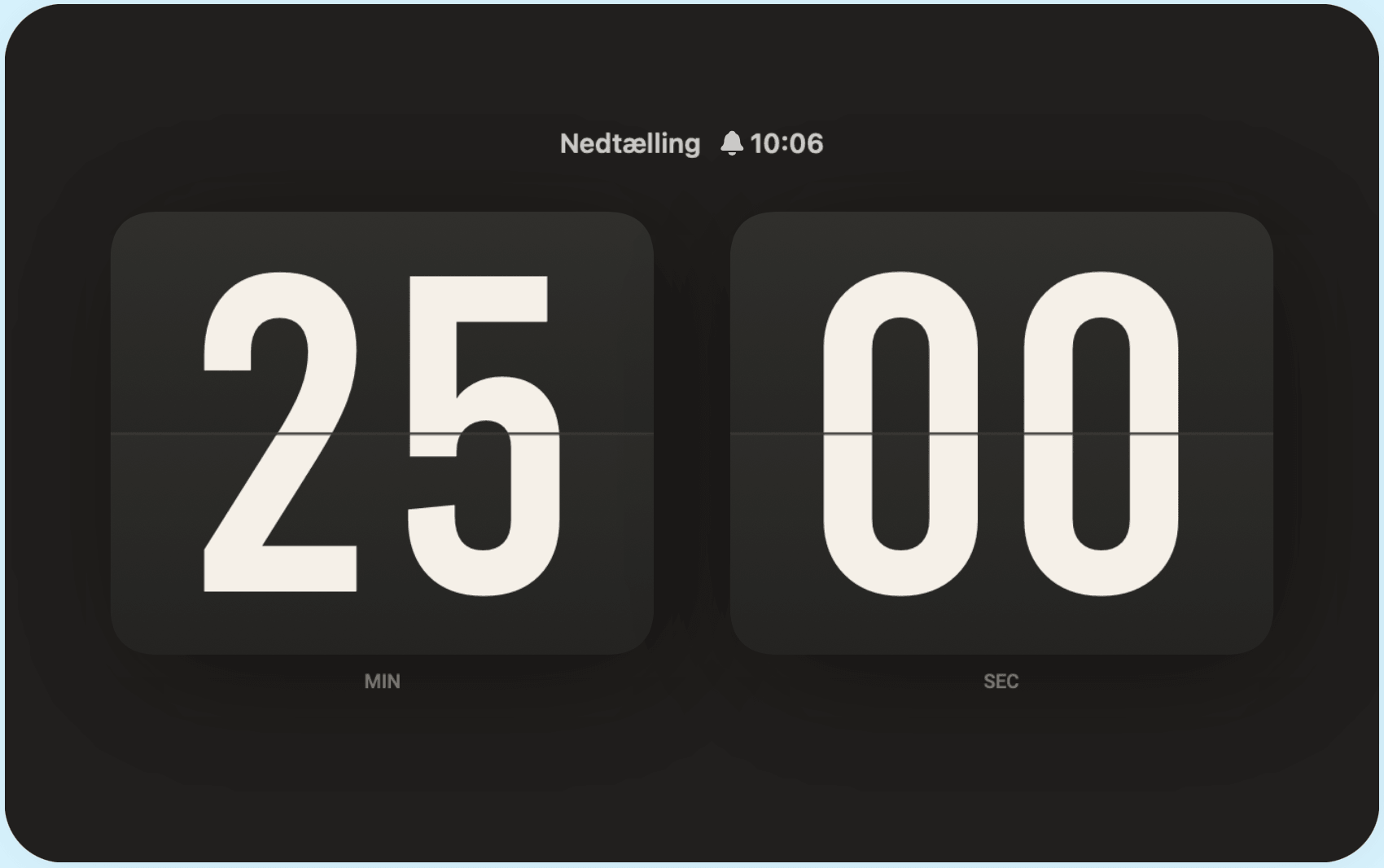 Soda Clocks tidtagningsvisning med minutter og sekunder.