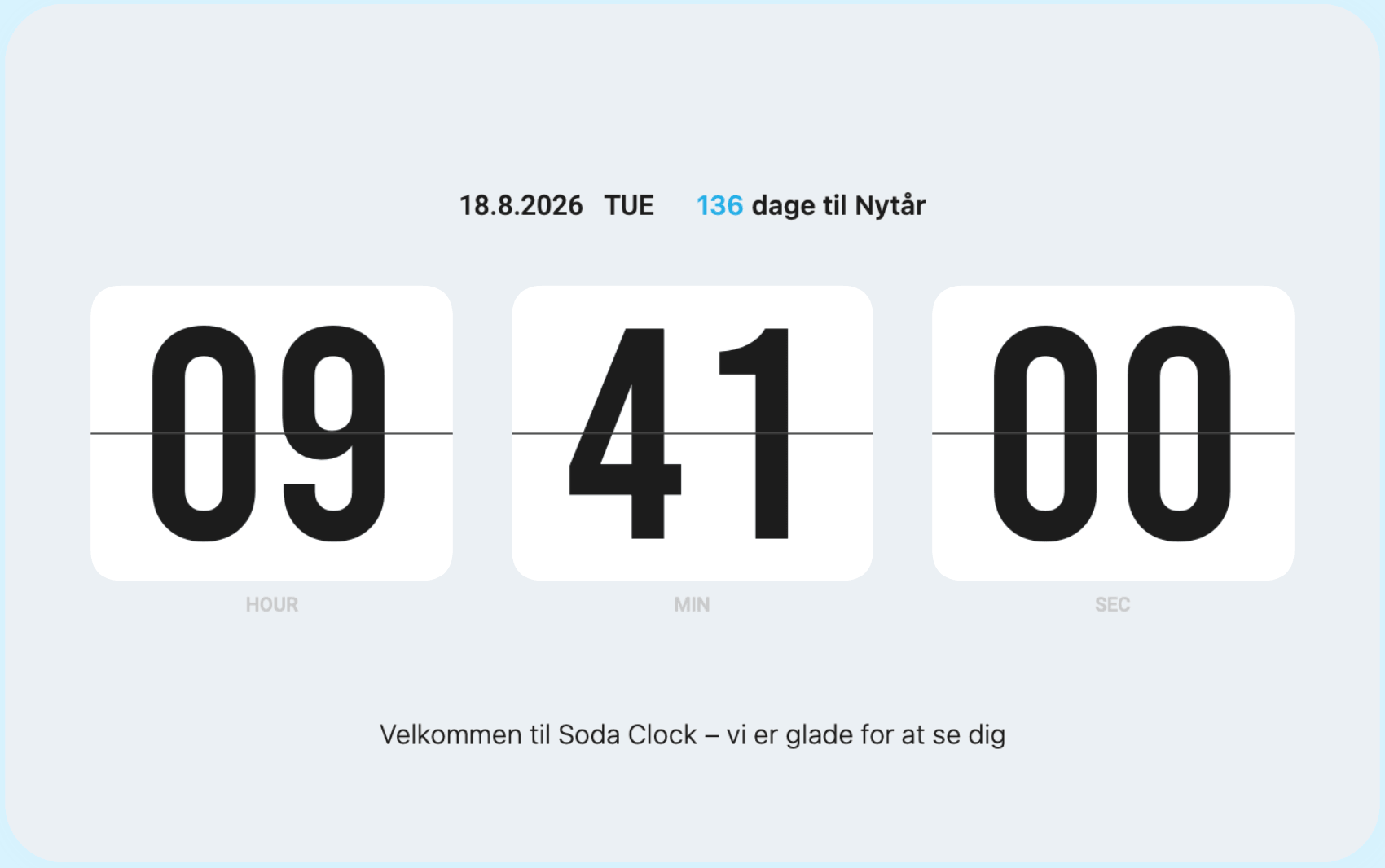 Soda Clock med nedtælling til dato og personlig tekst.
