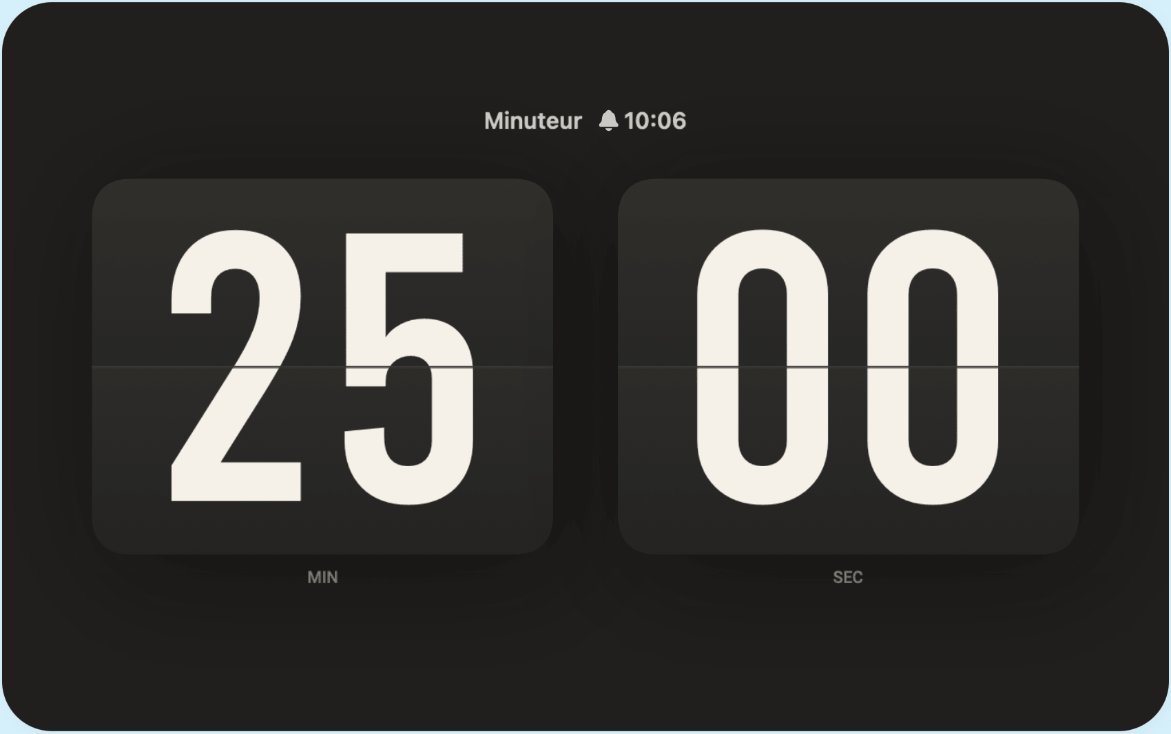 L’interface de chronométrage de Soda Clock affiche les minutes et les secondes.