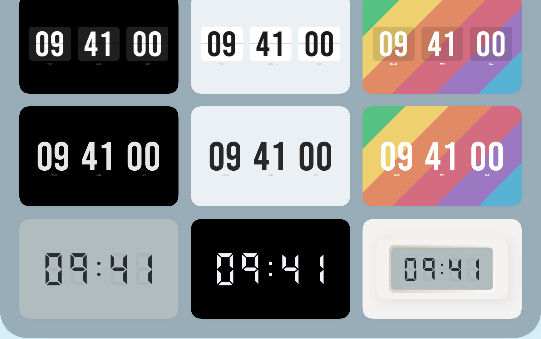 Una selezione di orologi flip e digitali di Soda Clock in diversi colori.