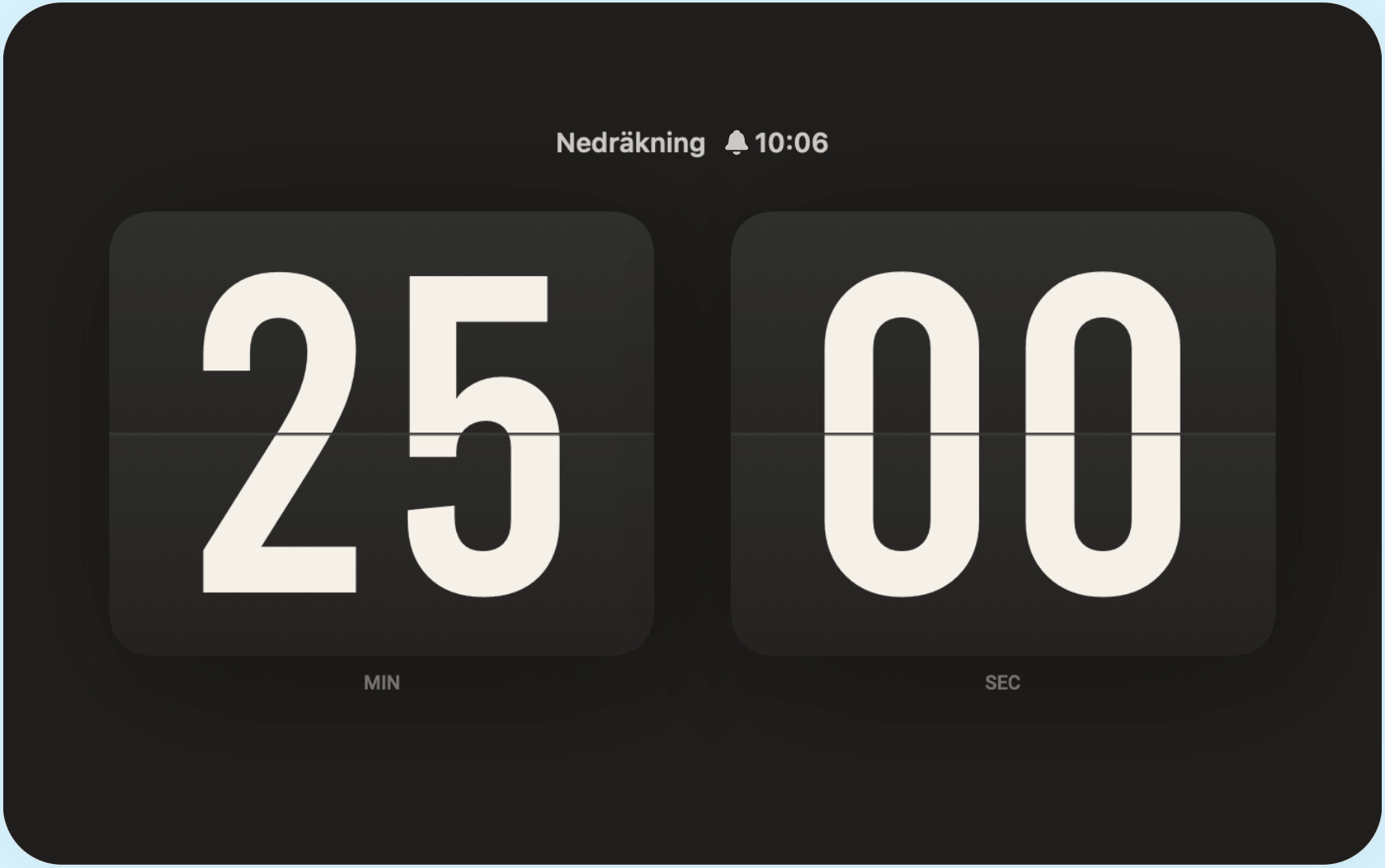 Soda Clocks tidtagningsvy med minuter och sekunder.