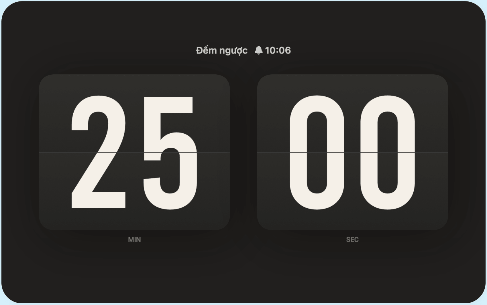 Bộ đếm giờ của Soda Clock hiển thị phút và giây.